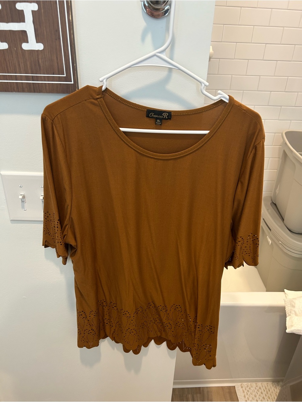 Chances R Women's Short Sleeve Scallop Eyelet Tee — Cognac Brown